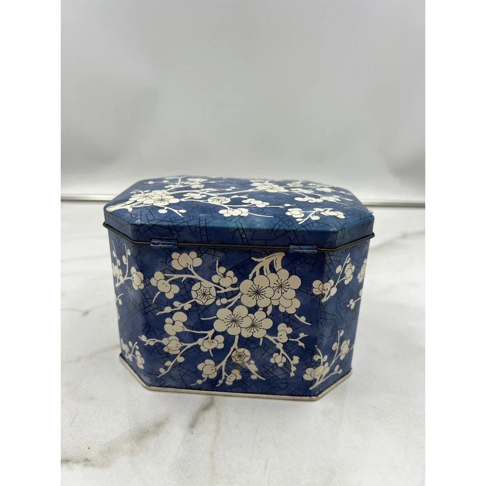 Vintage Daher Tin Container Blue Crackle White Floral Cherry Blossom England